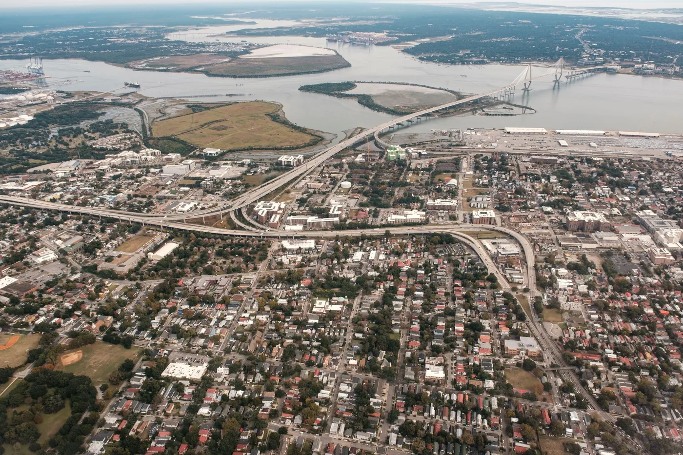 Aerial view of Charleston, South Carolina, with the Arthur Ravenel Jr. Bridge